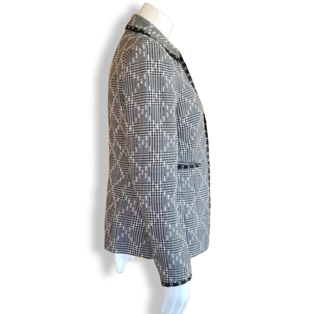 VINTAGE GERMANY Houndstooth Wool Boucle Blazer S Tweed Minimalist Jacket E Luxe - Picture 5 of 16
